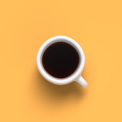 3d top view image of coffe cup on yellow background 3d render. Flat lay. Copy space. 3d render.