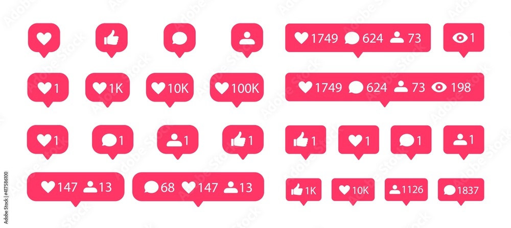 Poster social media notification flat icons set. like, comment, follower and view buttons. vector social me