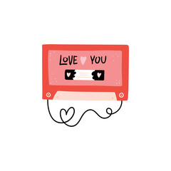 Cassette with hearts. Happy valentines day and weeding design elements. Vector illustration.