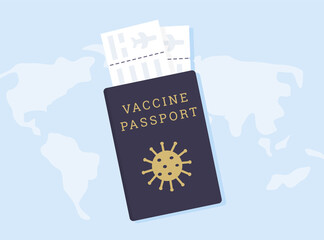 Coronavirus Covid Vaccine Passport with Virus icon and Air Tickets. Passport for travelling abroad with boarding pass. Vaccination campaign. Vector flat illustration on blue world map background.