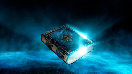 Magic vintage fantasy book on a dark background, landscape, smoke, fog, neon moonlight in the dark. 3D illustration.  © MiaStendal