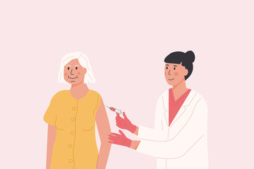 Female doctor in medical gown and gloves gives vaccine shot to elderly patient. Vaccination campaign. Concept illustration for immunity health. Covid Coronavirus jab. Flat illustration.