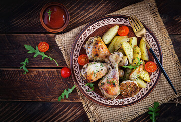 Baked chicken legs with slice potatoes and herbs. Barbecue chicken drumsticks on wooden table. Top view, overhead, copy space.