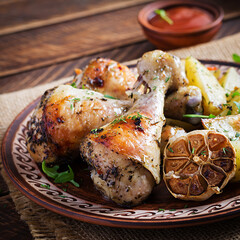 Baked chicken legs with slice potatoes and herbs. Barbecue chicken drumsticks on wooden table.