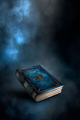Magic vintage fantasy book on a dark background, landscape, smoke, fog, neon moonlight in the dark. 3D illustration. 