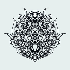 tattoo and t-shirt design black and white hand drawn illustration owl head engraving ornament