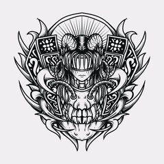 tattoo and t-shirt design black and white hand drawn illustration devil women skull engraving ornament