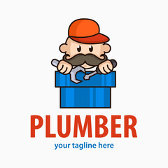 Obraz na płótnie Canvas Funny concept plumber climbs out of the pipe for logo. Cute repairman icon.
