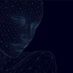 Wireframe of the girl face made of blue lines with glowing lights on a dark background. Vector illustration