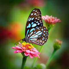 Butterfly Blue Tiger or Danaid Tirumala limniace on a pink zinnia flower with dark green colorful blurred bokeh background