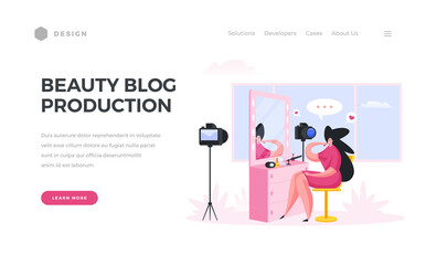 Fashion blog beauty landing page banner. Stylish female character gives online advice cosmetology and makeup.