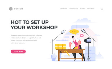 Create your own workshop life hack home page banner. Male character broadcasting online from his carpentry workshop.
