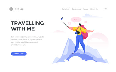 Expert travel tips home page template. Male character with selfie stick conducts online broadcast on mountain.