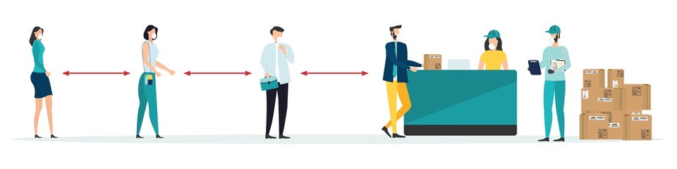 Obraz premium Safe delivery. A courier wearing a medical mask delivers a parcel during quarantine. Delivery of parcels at the post office. Safe delivery concept with social distance. Vector illustration