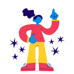 Woman standing and pointing, ok gesture, gesture finger up. Girl student, female teacher, speaker, leader character. Concept: education, study, speak, talk, message, speech. Vector eps illustration