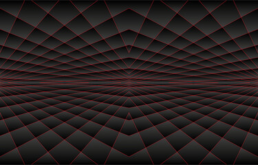 Abstract geometric black color background. Red lines Perspective grid Background