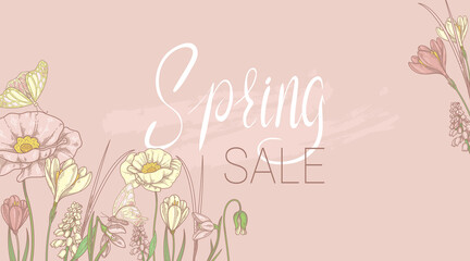 Spring sale. Pink horizontal banner with flowers