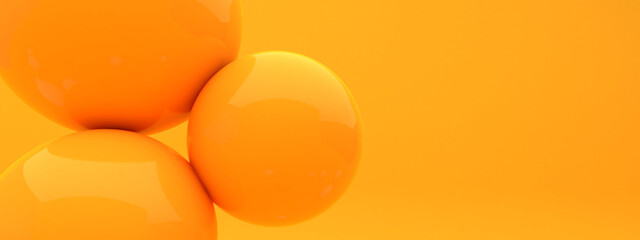 orange spheres of balls on orange background. Realistic 3d  render of shapes. Horizontal banner,...