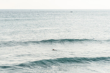 Surfer pośród fal na oceanie na tle zachodu słońca.