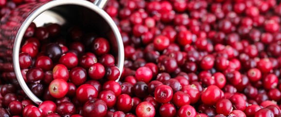Ripe fresh cranberries with stainless steel mug as natural, food, berries banner. Selective focus.	