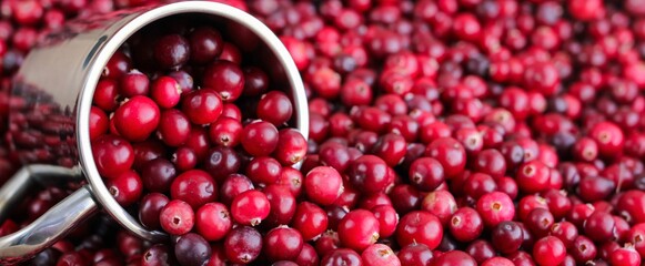 Ripe fresh cranberries with stainless steel mug as natural, food, berries banner. Selective focus.	