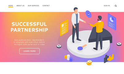 Male business partners making agreement isometric vector illustration. Banner template