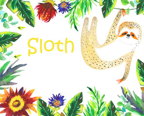 Cute sloth with tropical leaves, greeting card, baby shower © Yulia