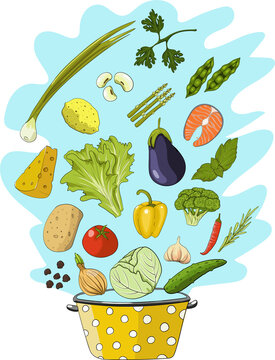 Some of vegatables, spices, chease and salmon steak with pot. Cartoon style vector illustration.
