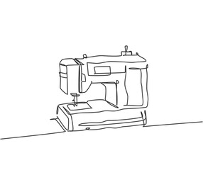 One continuous line drawing of sewing machine electric home appliance. Electricity tailor equipment household gadget template concept. Trendy single line draw design vector graphic illustration