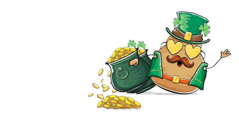 Happy Saint Patricks day horizontal banner with funky leprechaun potato character with green particks hat and Pot Full of Golden Coins isolated on white background. patricks day funky character