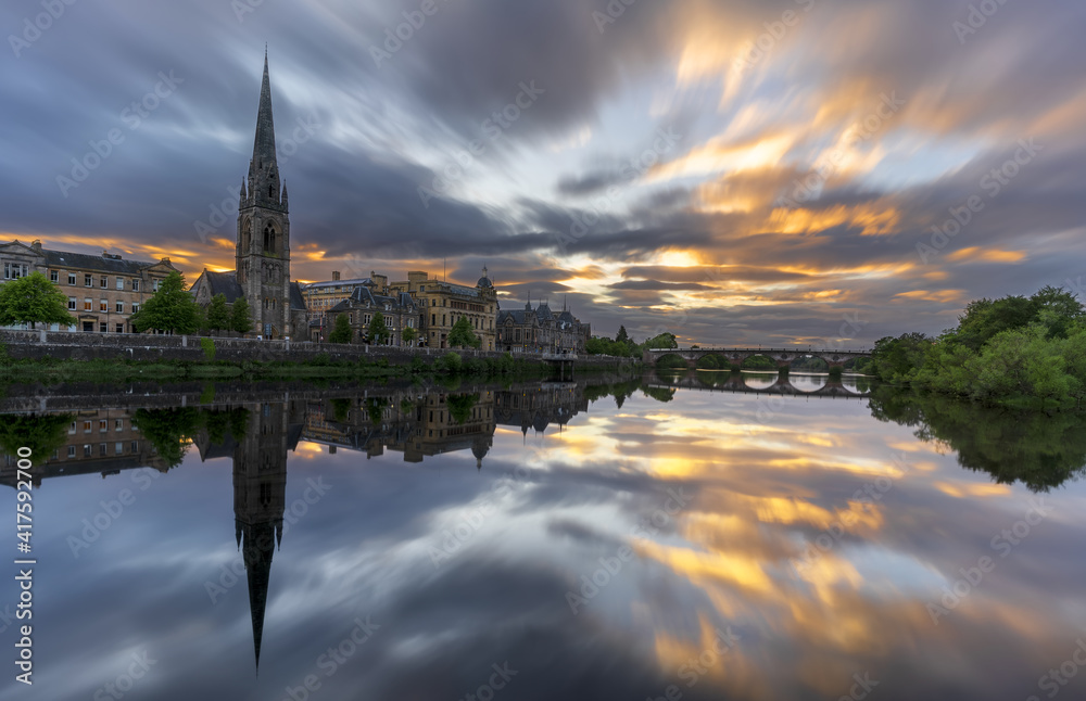 Wall mural beautiful sunset at st matthew's church on river tay with reflection , perth , scotland