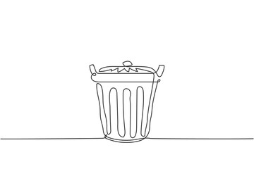 One continuous line drawing of metal recycle bin home appliance. Stainless steel dustbin household tools template concept. Trendy single line draw design vector graphic illustration