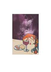 watercolor illustration of a girl with a glass of wine lying on the table. Background of the night sky. Hand drawn sketch minimal style. Concept for ladies night party, bar, happy cocktail hour.