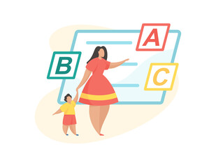Little kid study alphaber with mom. Flat vector illuistration