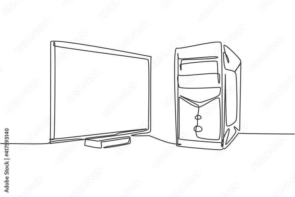 Poster single continuous line drawing of cpu computer and screen monitor for supporting business. electroni