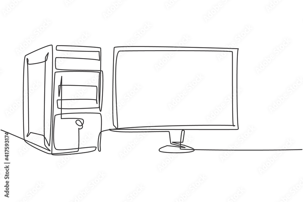 Aufkleber single continuous line drawing of cpu computer unit and screen monitor for company. electronic small