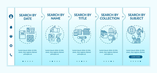 Different types of searching onboarding vector template. Search by date, name, subject, collection. Responsive mobile website with icons. Webpage walkthrough step screens. RGB color concept