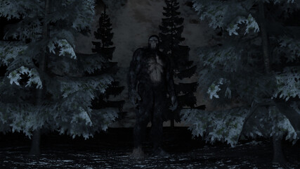 Fototapeta na wymiar 3d illustration of a Bigfoot Sasquatch creature standing in a snowy forest clearing