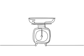 Single continuous line drawing of classic kitchen scale for scaling ingredients. Kitchenware home appliance concept. Modern one line draw design graphic vector illustration - obrazy, fototapety, plakaty