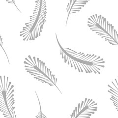 Fototapeta na wymiar Bird plum neutral grey vector seamless pattern. Boho vibes background with decorative feathers illustration.