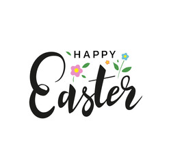 Happy Easter cute lettering card with decorative little flowers and green leaves isolated on white background. - Vector