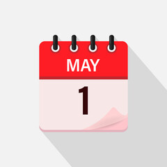 May 1, Calendar icon with shadow. Day, month. Flat vector illustration.