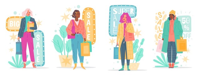 Female shopping. Vector set