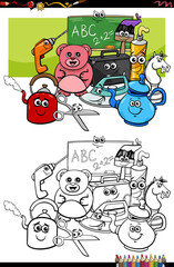 cartoon funny object characters coloring book page