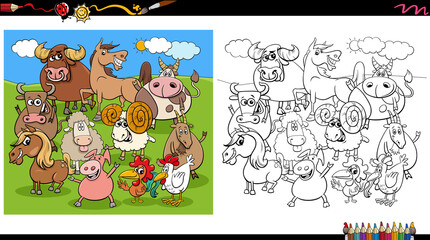 cartoon farm animal characters group coloring book page