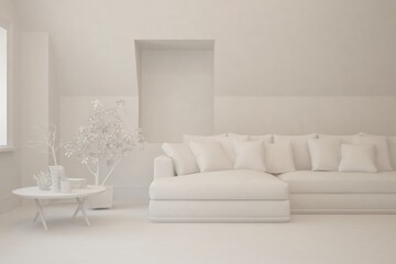 White minimalist living room with sofa. Scandinavian interior design. 3D illustration