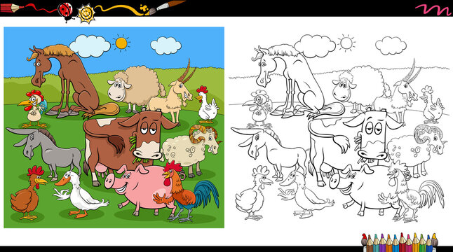 comic farm animal characters group coloring book page