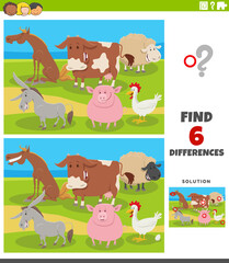 differences educational game with cartoon farm animals