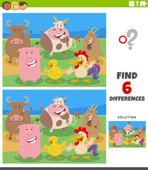 differences educational game with cartoon farm animal characters