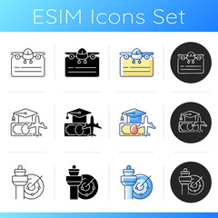 Aviation icons set. Civil aviation issues. Air traffic control. Pilot training financing. Company improvement. Aviation safety. Linear, black and RGB color styles. Isolated vector illustrations